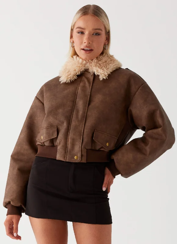 Aston Shearling Bomber Jacket - Brown Striped Jacket Polka Dot Jacket Floral Jacket