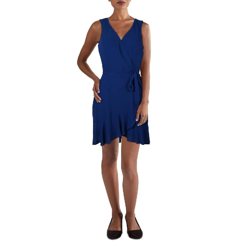 BCX Womens V-Neck Faux Wrap Mini Dress Cozy Satin Mini Dress