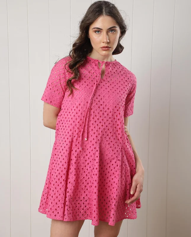 Rareism Women Bex Fluorescent Pink Schiffli Round Tie Up Neck With Short Sleeves And Elastic Belt At Waist Mini Dress Fashionable Mini Dress with Frills