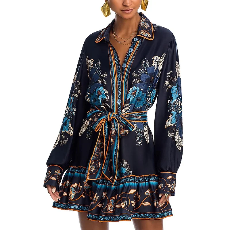 Womens Floral Button Down Mini Dress Fashionable Pleated Mini Dress