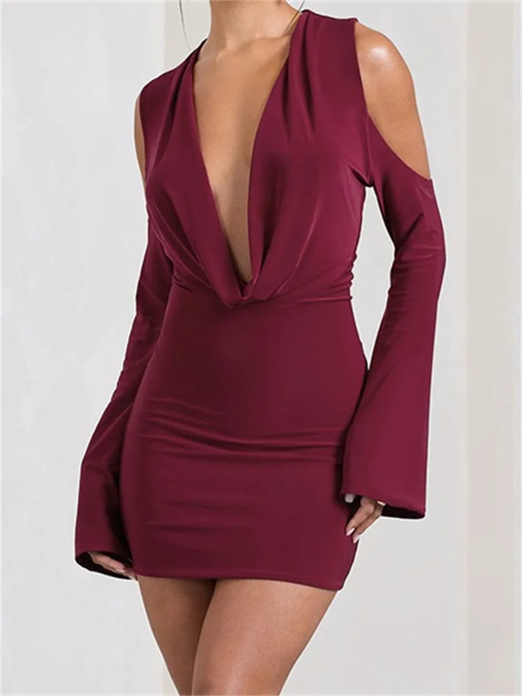 Elegant Front Ruched V-neck Mini Dresses Comfortable Zip-Up Mini Dress