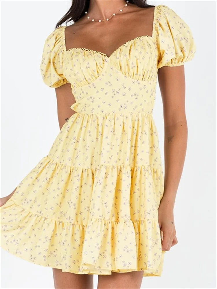 Playful Floral Print Puff Sleeve Mini Dresses Chic Halter Mini Dress