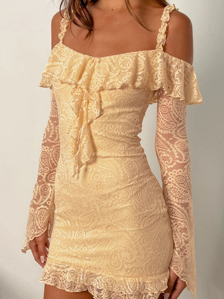 Romantic Lace Off-Shoulder Ruffled Mini Dresses Comfortable Wrap Mini Dress