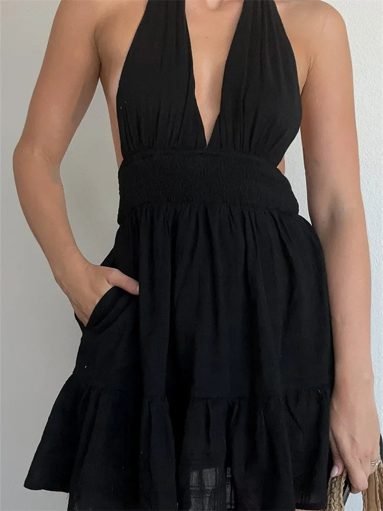 Deep V-neck Flirty Lace-Up Summer Party Mini Dresses Stylish Plaid Mini Dress