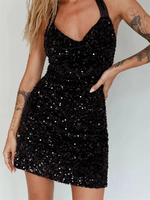 Glitter Halter Party Sexy Sequined Tie-Up Mini Dresses Classic Shift Mini Dress