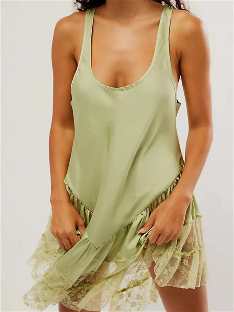 Low Cut Sexy Lace Patchwork Mini Dresses Elegant Mini Dress with Ruffles