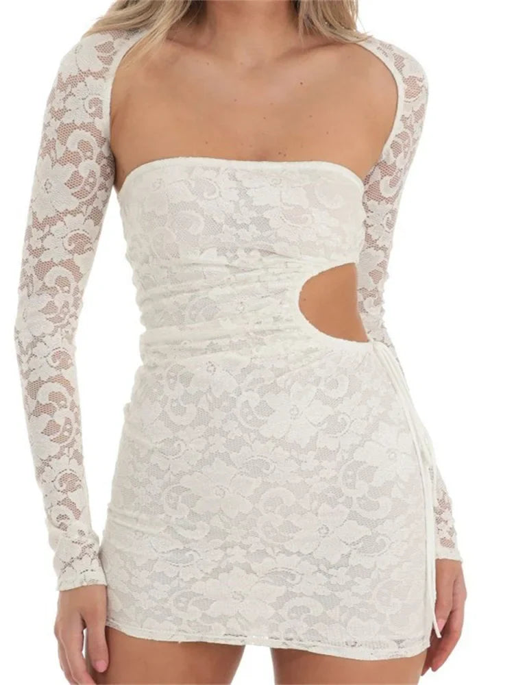 Hollow Out Strapless Backless Lace Mini Dresses Stylish Button-Down Mini Dress