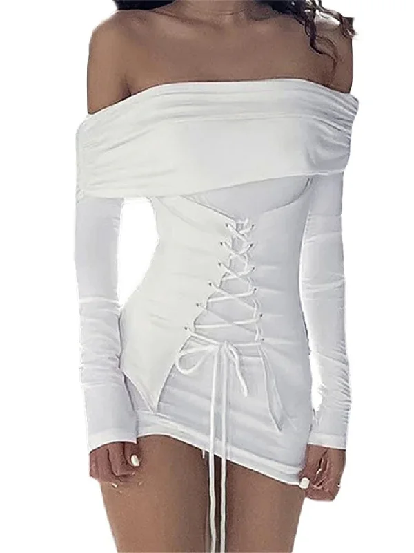 Criss-Cross Tie-Up Long Sleeve Mini Dresses Comfortable Ruffle Mini Dress