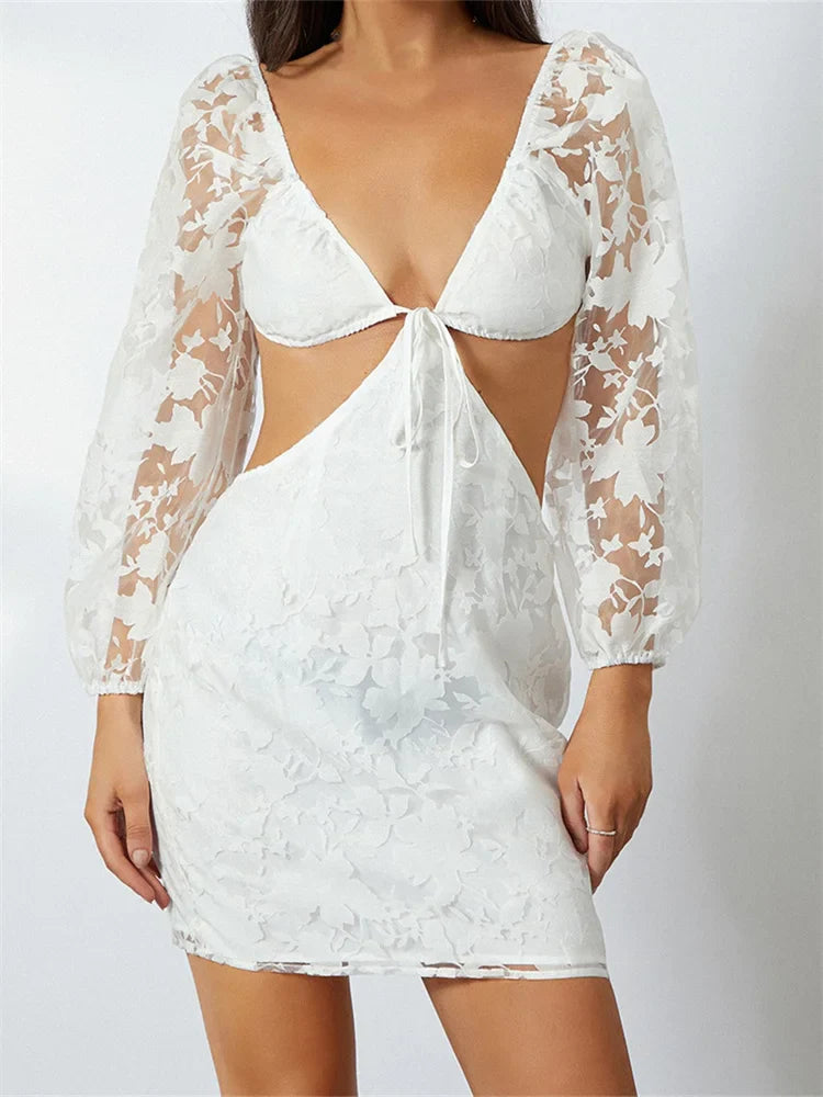 Long Sleeve V Neck Tie-up Backless Floral See Through Mini Dresses Comfortable Casual Mini Dress
