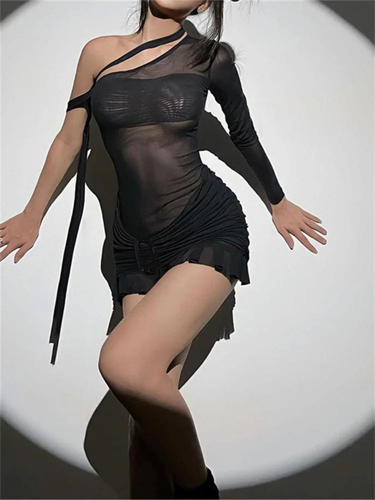 Sheer See Through Long Sleeve Mini Dresses Cozy Satin Mini Dress
