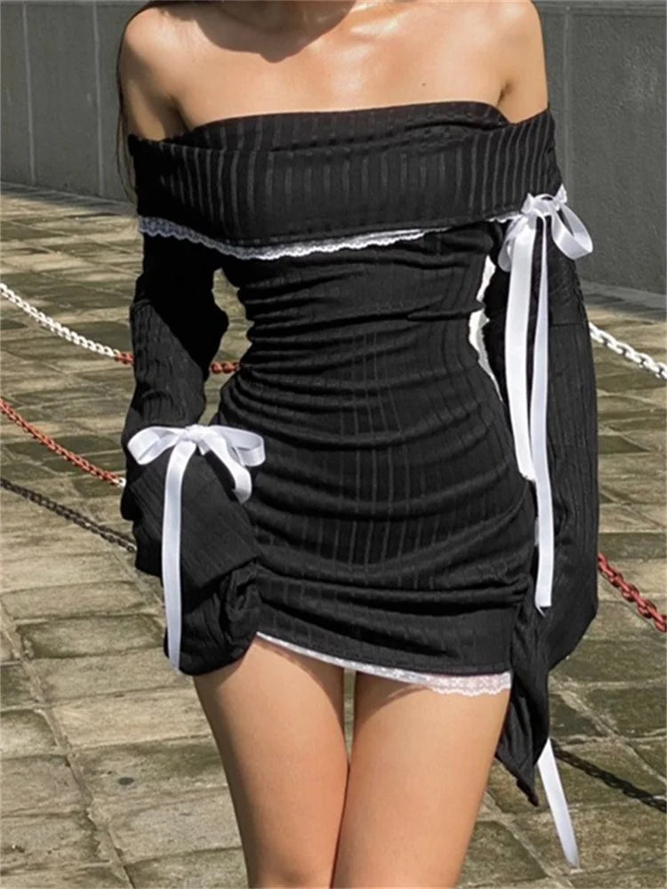 Lace Patchwork Off Shoulder Long Sleeve Mini Dresses Casual V-Neck Mini Dress