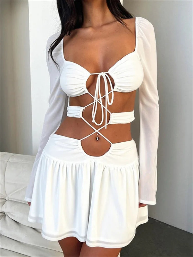 Solid Criss-Cross Tie-Up Long Sleeve Mini Dresses Elegant Tulle Mini Dress