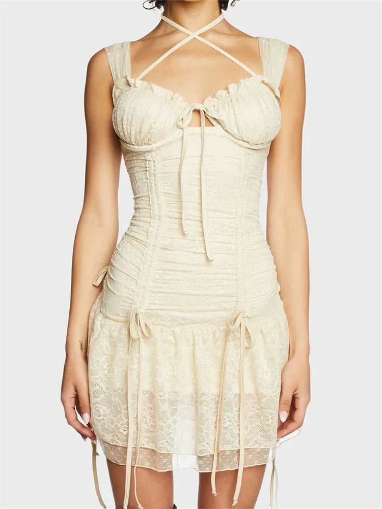Lace Floral Ruched Sleeveless Strap Mini Dresses Trendy Camisole Mini Dress