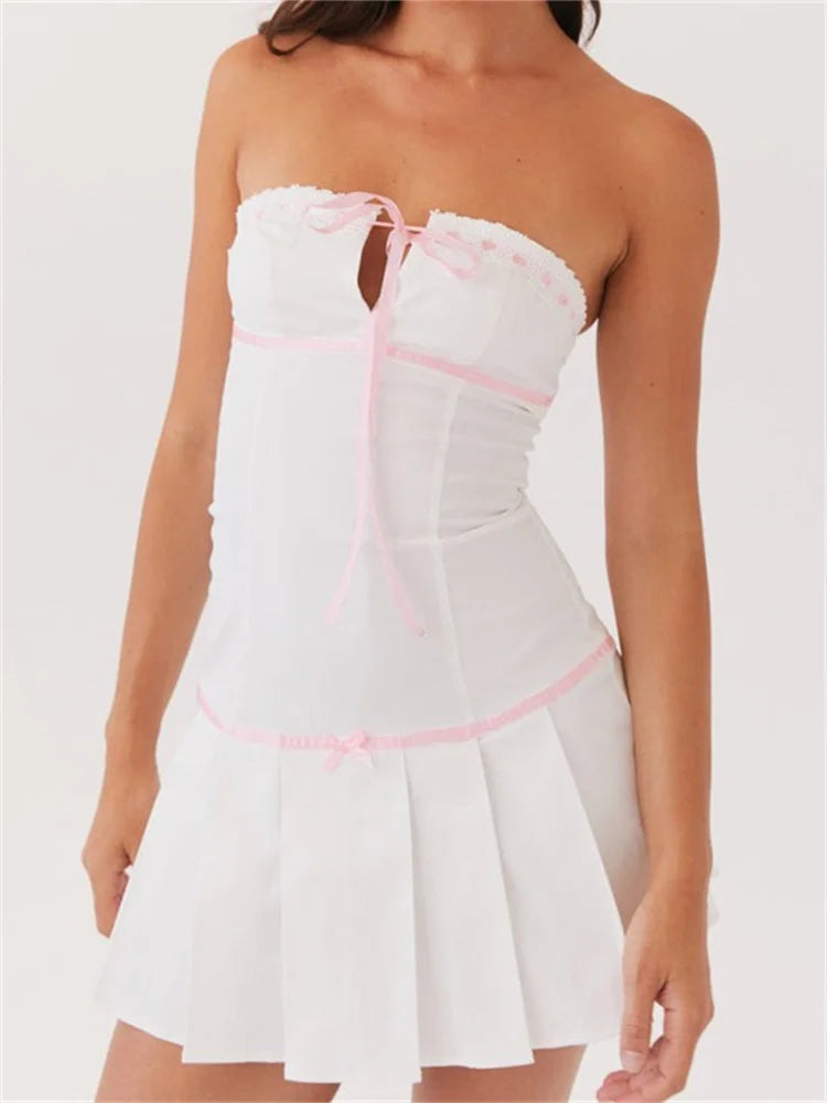Contrast Color Strapless Bow Front Tie-Up Mini Dresses Comfortable Ruffle Mini Dress