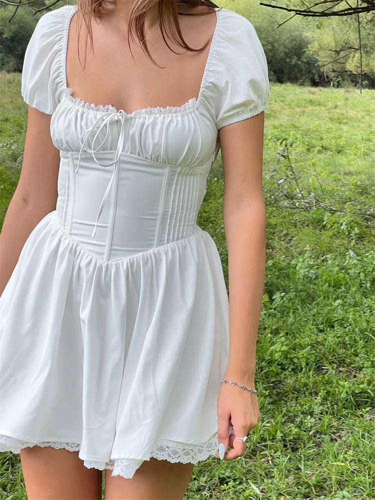 Corset Lace Front Tie-Up Short Sleeve Mini Dresses Fashionable Mini Dress with Pockets