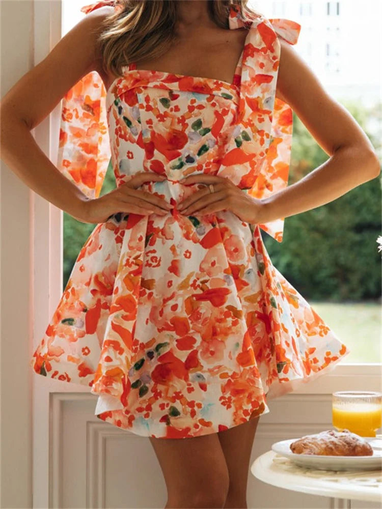 Flower Print Sleeveless Tie-Up Mini Dresses Cozy A-Line Mini Dress