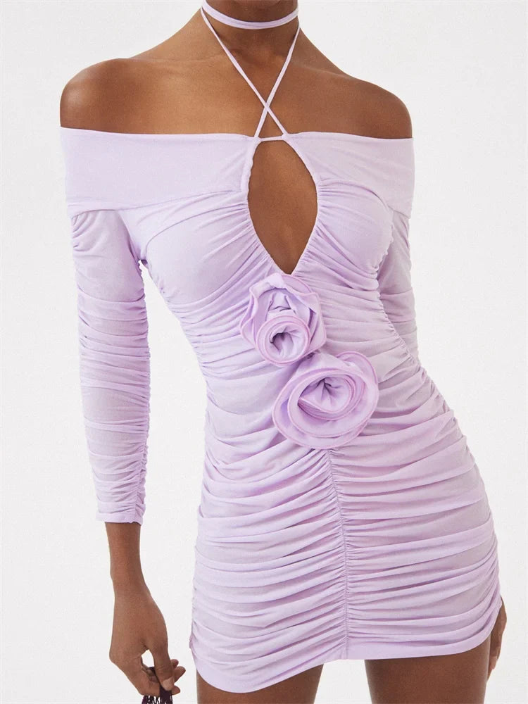 Off Shoulder Long Sleeve Tie-Up Mini Dresses Comfortable Boho Mini Dress