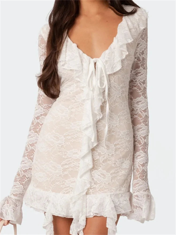 Elegant Lace Mesh Long Sleeve Mini Dresses Classic Shift Mini Dress