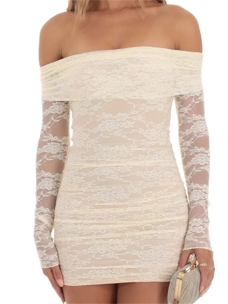 Off Shoulder Lace Long Sleeve Bodycon Mini Dresses Elegant Mini Dress with Ruffles
