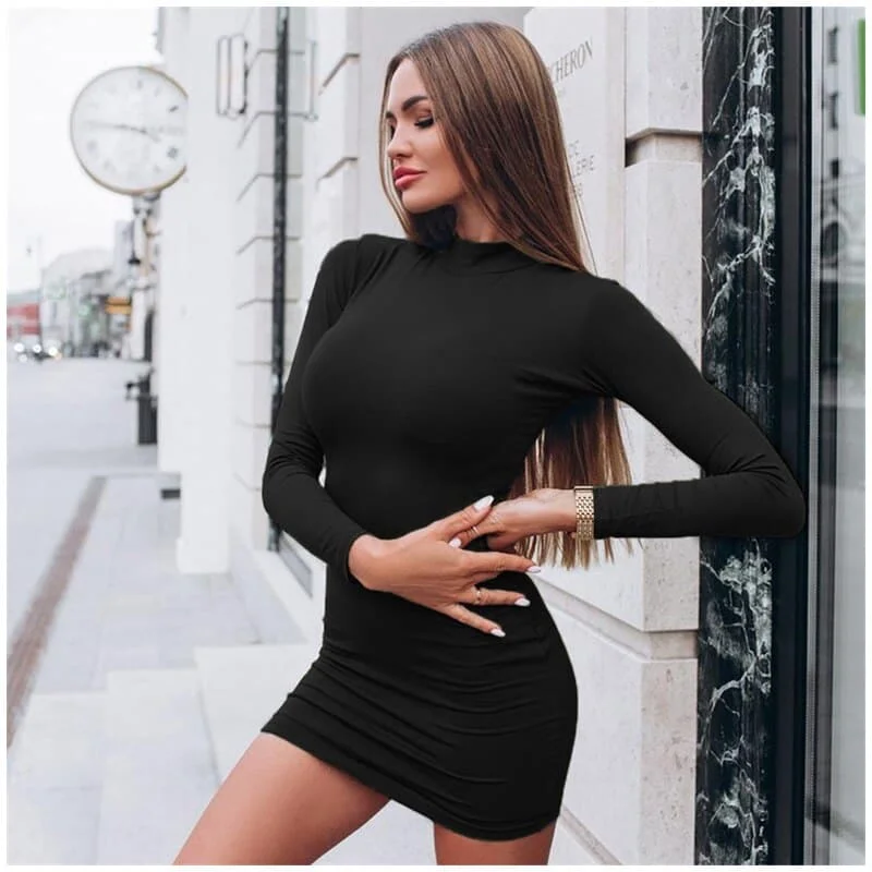Sexy Solid Color Turtleneck Skinny Mini Dress Elegant Lace Mini Dress