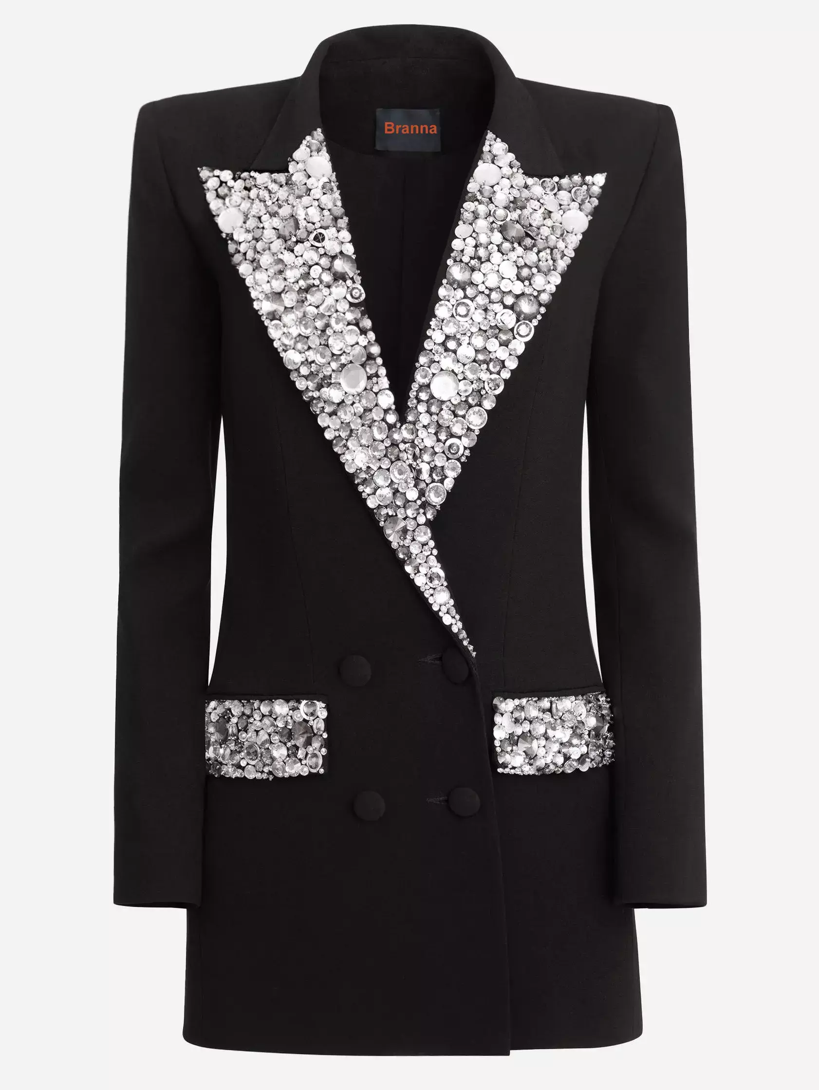 Black Cady Blazer-Mini Dress with Crystal-Embellished Collar and Pockets Cozy Cotton Mini Dress