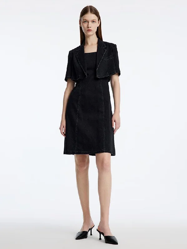 Black Denim Slim Two-Piece Suit Mini Dress Chic Tropical Mini Dress