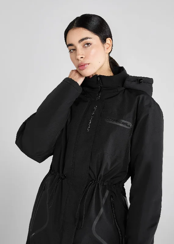 Black Fleece Lined Rain Jacket Belted Jacket Elasticated Jacket Padded Jacket