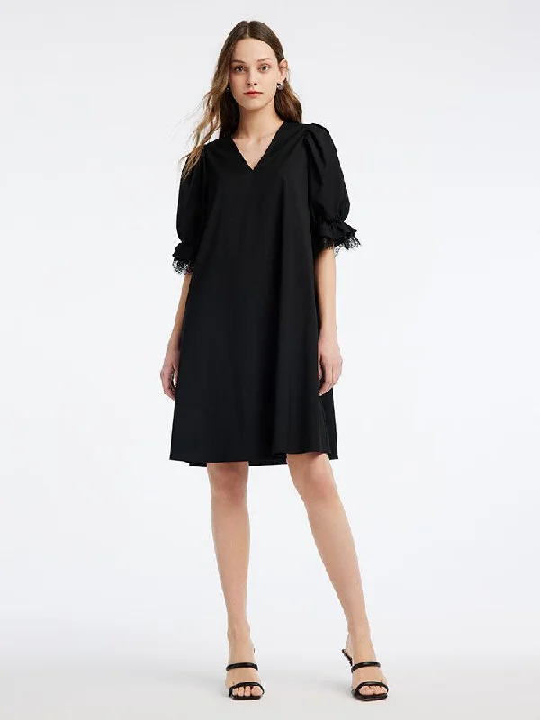 Black V-Neck Princess Sleeve Mini Dress Trendy Denim Mini Dress