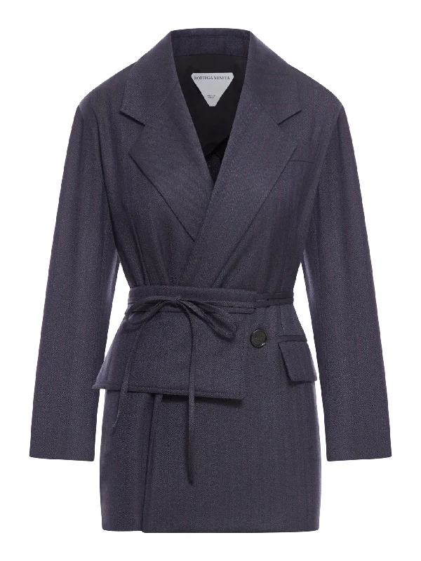 WOOL JACKET WITH WAIST BELT Front Pockets Side Pockets Patch Pockets