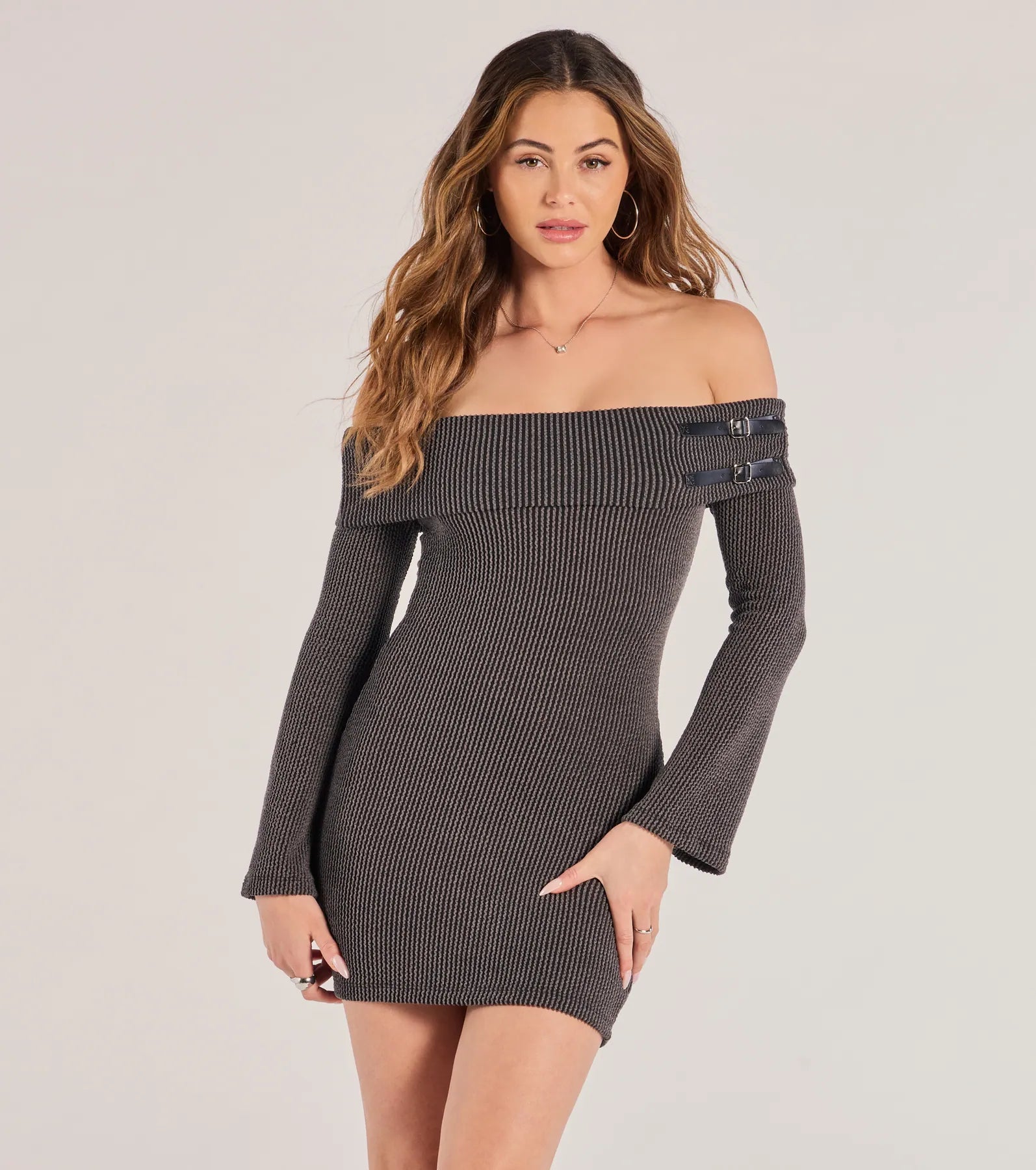 Buckled Beauty Off-The-Shoulder Knit Mini Dress Trendy Denim Mini Dress