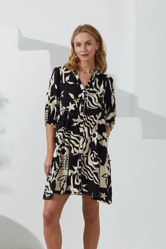 Cali Black Abstract Button Down Mini Dress Modern Satin Mini Dress