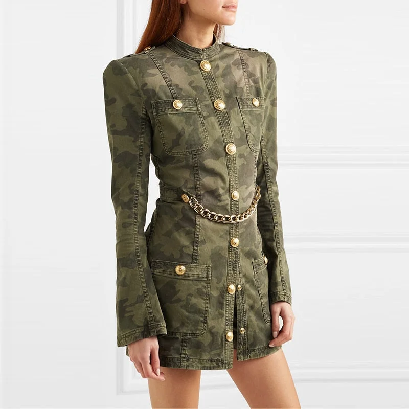 Camouflage Chain Detail Long Sleeve Mini Dress Chic Sleeveless Mini Dress