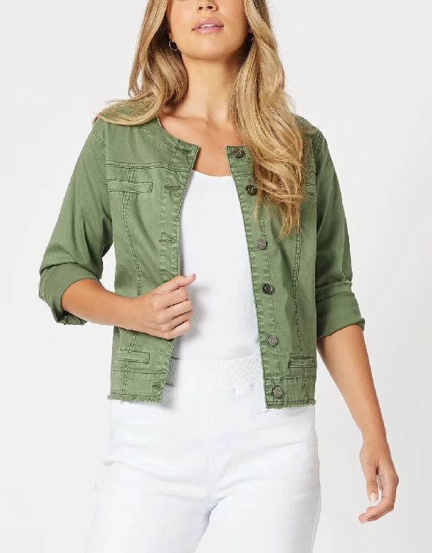 Collarless Denim Jacket - Khaki Denim Jacket Leather Jacket Suede Jacket