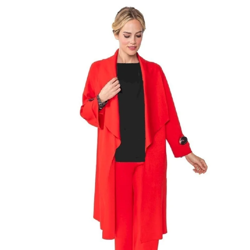 IC Collection Long Open Front Jacket in Red - 4585J-RD Notch Collar Peter Pan Collar Cowl Neck