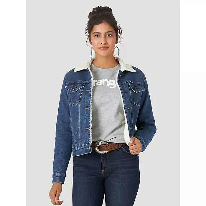 WOMEN'S WRANGLER RETRO® SHERPA LINED WESTERN DENIM JACKET IN DENIM Wool Fabric Cashmere Fabric Tweed Fabric