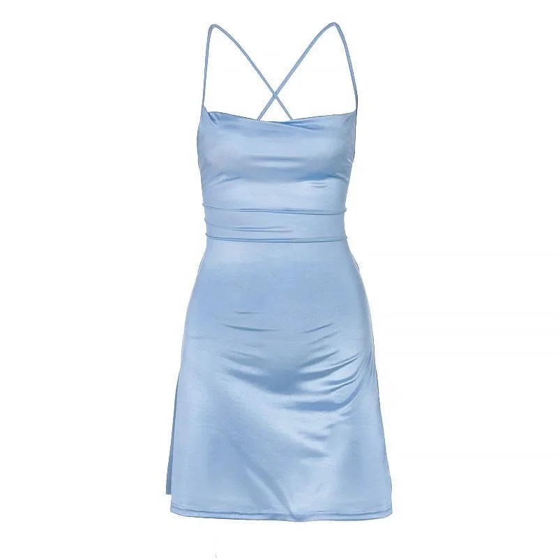 Cross back solid satin cowl neck lace up self tie backless mini dress Trendy Button-Detail Mini Dress