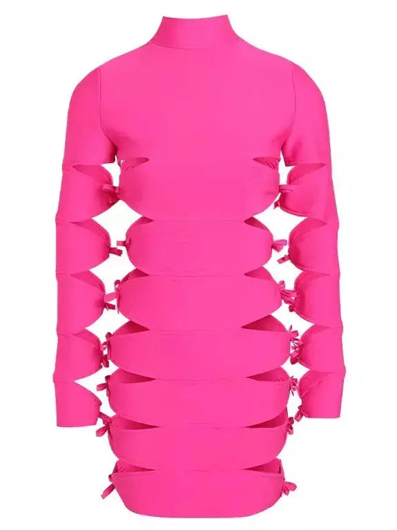 Cutout Bow-Embellished Mini Dress, Pink Chic Puff Sleeve Mini Dress