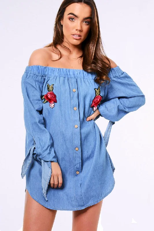 Denim Bardot Embroidered Mini Dress - Lena Comfortable Smocked Mini Dress