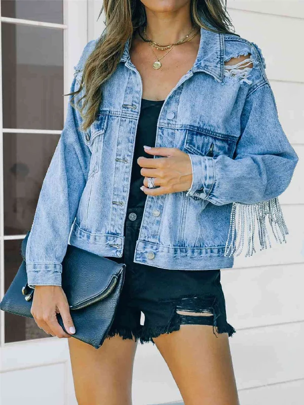 Distressed Fringe Denim Jacket Elasticated Jacket Padded Jacket Insulated Jacket