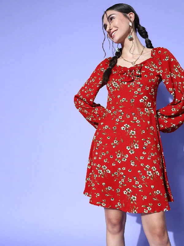 Berrylush Women Red & White Floral Printed V-Neck Crepe Flared A-Line Mini Dress Cozy T-Shirt Mini Dress