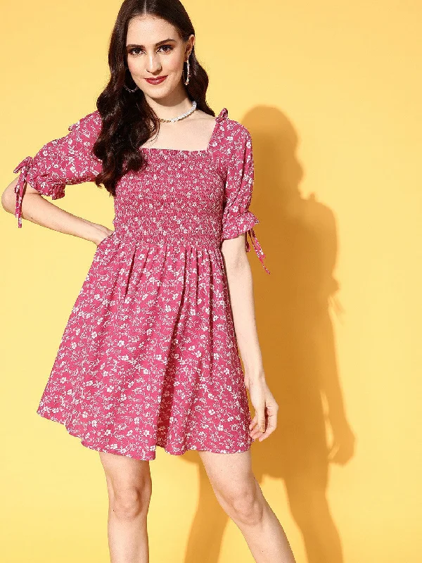 Berrylush Women Pink & White Floral Printed Square Neck Smocked Back Crepe A-Line Mini Dress Chic Puff Sleeve Mini Dress