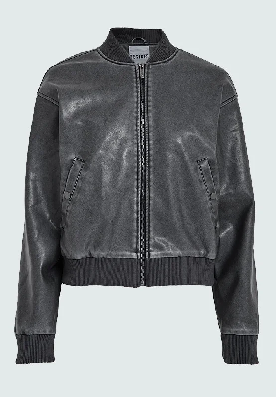 DSRebecca PU Bomber Jacket - Black Washed Oversized Jacket Tailored Jacket Straight Jacket