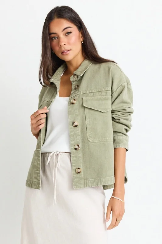 Echo Khaki Patch Pocket Denim Jacket One-Shoulder Jacket Off-the-Shoulder Jacket Asymmetrical Jacket