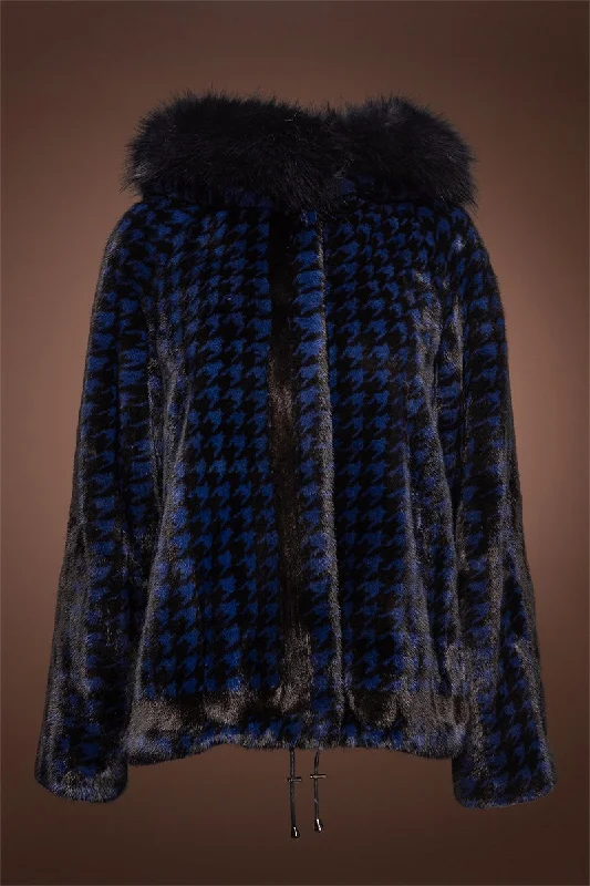 Royal Blue Houndstooth Print Mink Fur Jacket - Fox Fur Hood Trim Rayon Jacket Velvet Jacket Corduroy Jacket