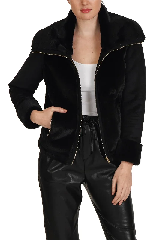 Faux Fur Zippered Jacket Front Pockets Side Pockets Patch Pockets