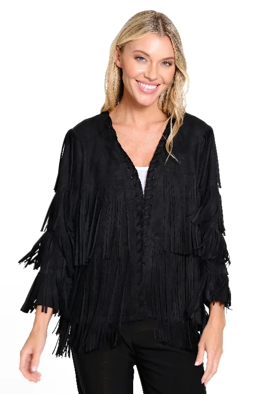 Faux Suede Fringe Jacket - Petite - Black Fleece Fabric Down Fabric Feather Fabric