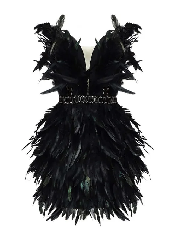 Feather Design Strapless Mini Dress Trendy Tulle Mini Dress