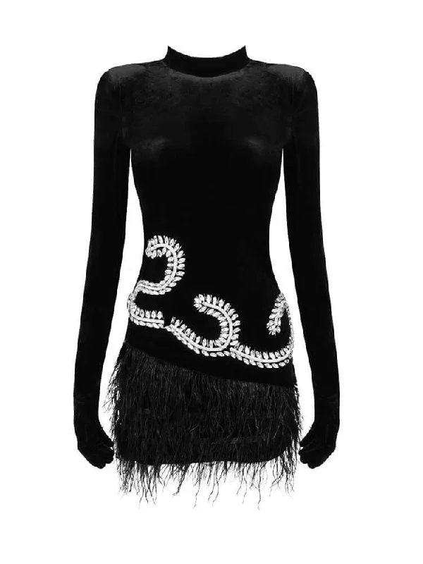 Feather Velvet Gloves Mini Dress Chic Halter Mini Dress