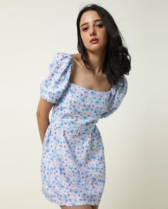 Rareism Women Fisto Purple Printed Square Neck Half Sleeves With Puff Fabric Waist Belt With Buckle Mini Dress Cozy Long Sleeve Mini Dress