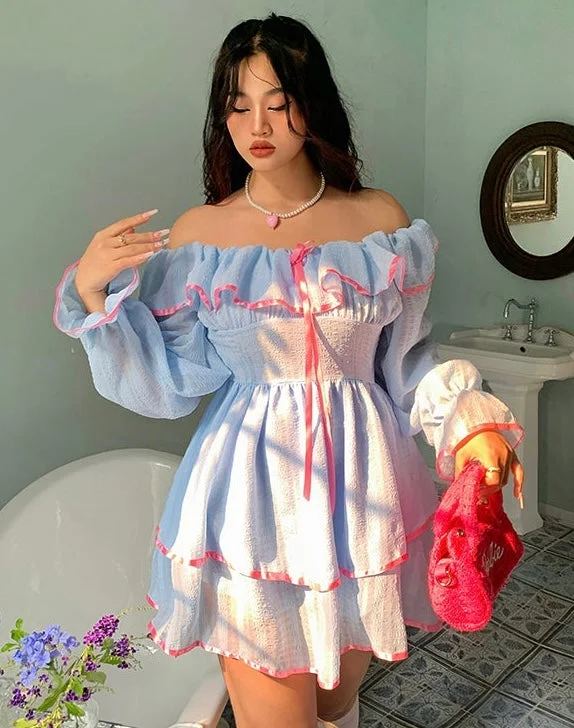 Flora Baby Blue Ruffle Long Sleeve Mini Dress Fashionable Button-Front Mini Dress